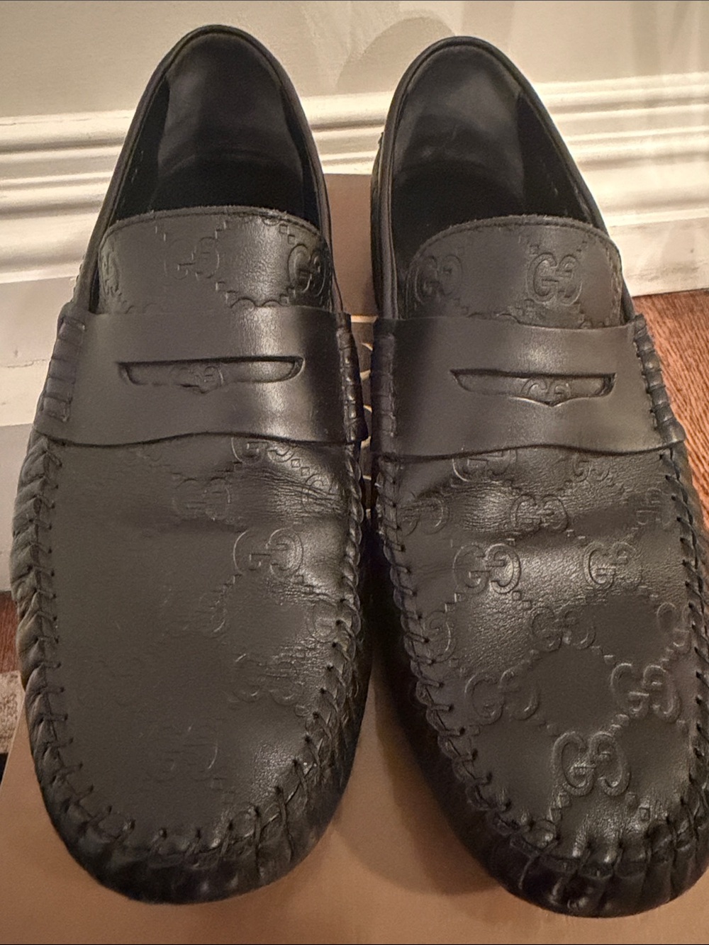Authentic Gucci Black Embossed GG Leather Penny Loafers size 8 1/2